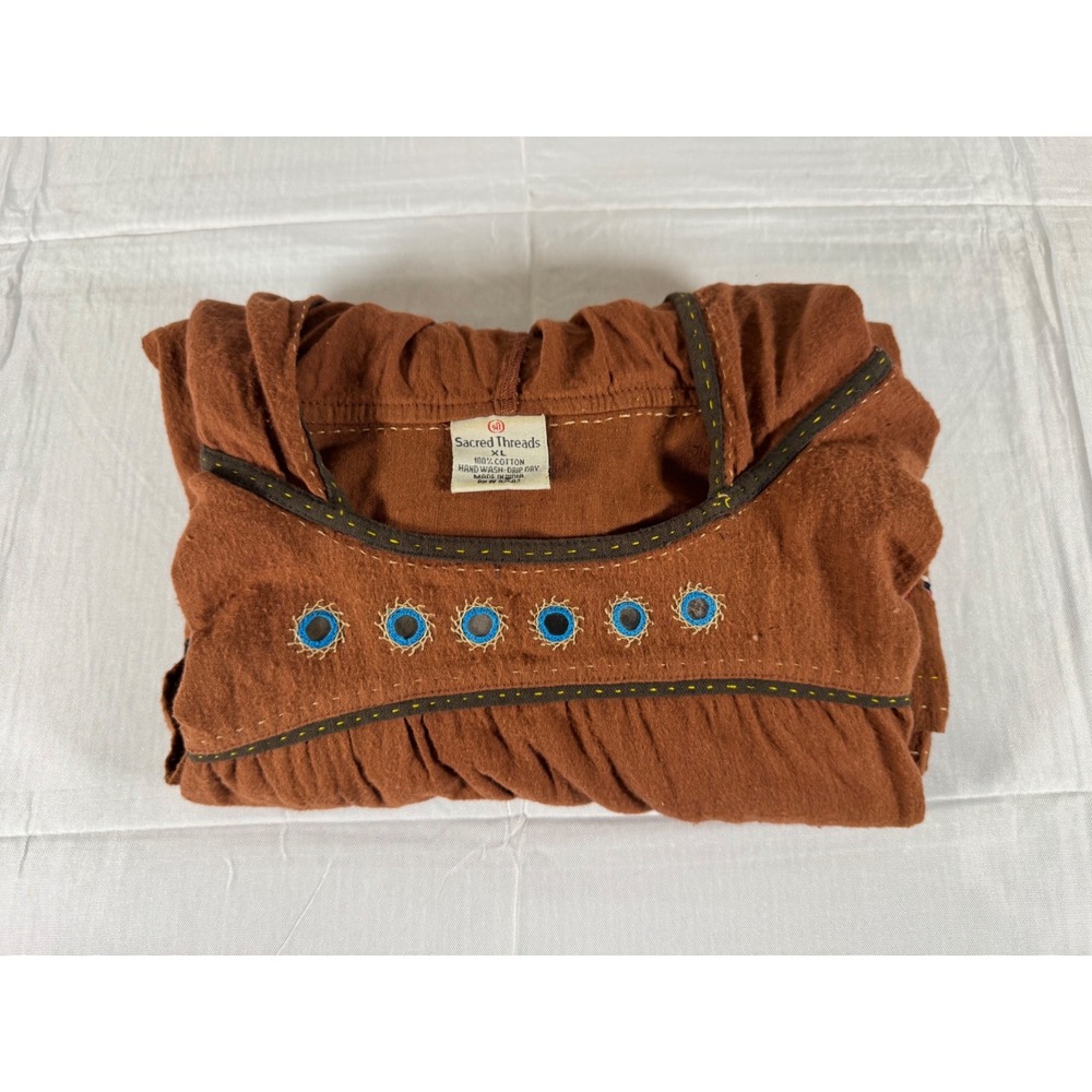 Sacred Threads Brown Cotton Boho Embroidered Mirror Hooded Tunic Top XL India